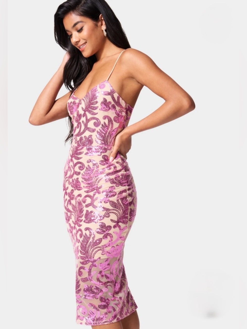 bebe Pink Sequin Floral-Pattern Midi Dress - Picture 2 of 8